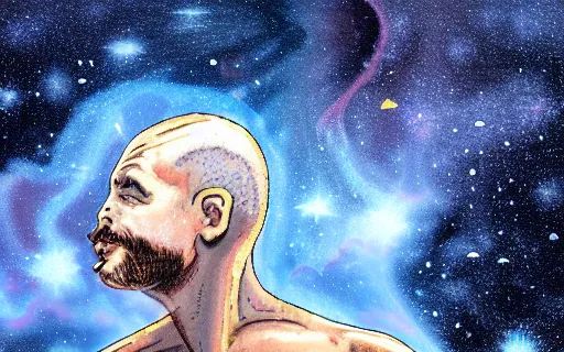 Prompt: a man becoming a cosmic dust while looking at the galaxy, half body, detailed picture, illustration ,