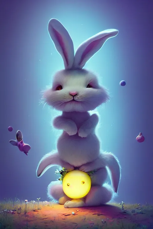 Image similar to a surreal Bioluminescent, very very very cute bunny in a happy world by Daniel Merriam, Trending on Artstation, oil on Canvas by Elena Zhurikhina and Goro Fujita and Charlie Bowater, octane render, 4k, 8k, HD