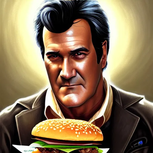 Image similar to portrait of bruce campbell eating hamburgers, extra onions and ketchup, luscious patty with sesame seeds, ethereal, handsome, d & d, fantasy, intricate, elegant, highly detailed, digital painting, artstation, concept art, matte, sharp focus, illustration, art by artgerm and greg rutkowski and alphonse mucha