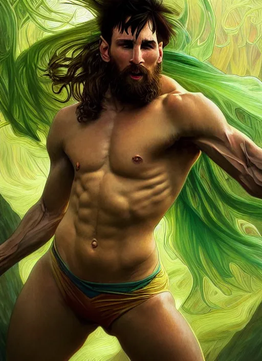 Prompt: portrait of aggressive messi, d & d, muscular! green, fantasy, intricate, elegant, highly detailed, digital painting, artstation, concept art, smooth, sharp focus, illustration, art by artgerm and greg rutkowski and alphonse mucha