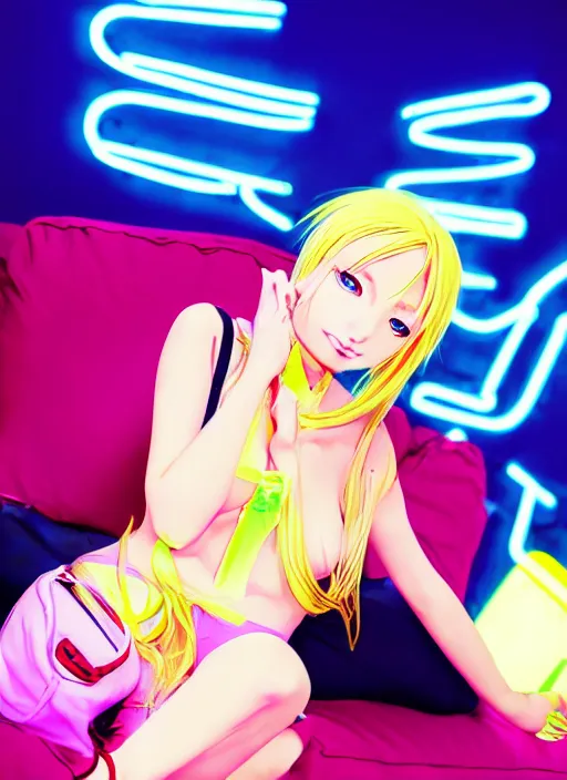 Image similar to anime girl with blonde hair laying on sofa, smoking, neon lights