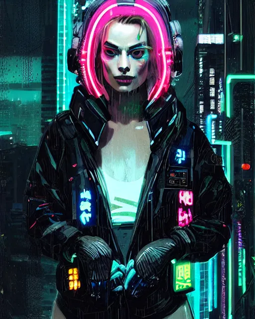 Image similar to neon operator margot robbie, cyberpunk futuristic neon, reflective puffy coat, decorated with traditional japanese ornaments by ismail inceoglu dragan bibin hans thoma greg rutkowski alexandros pyromallis nekro rene maritte illustrated, perfect face, fine details, realistic shaded, fine - face, pretty face