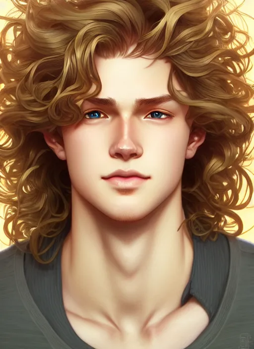 Image similar to young man with medium - length, curly, golden hair, perfectly proportioned face, aquamarine eyes, sweet smile, natural lighting, path traced, highly detailed, high quality, cartoon, digital painting, by new haicheng and ross tran and studio ghibli and alphonse mucha