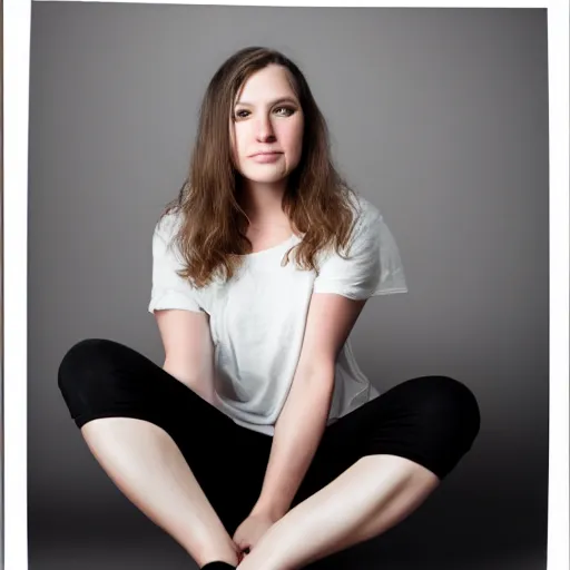 Prompt: a woman sitting on the ground with her legs crossed, a portrait by thomas millie dow, instagram, arabesque, white background, black background, studio portrait