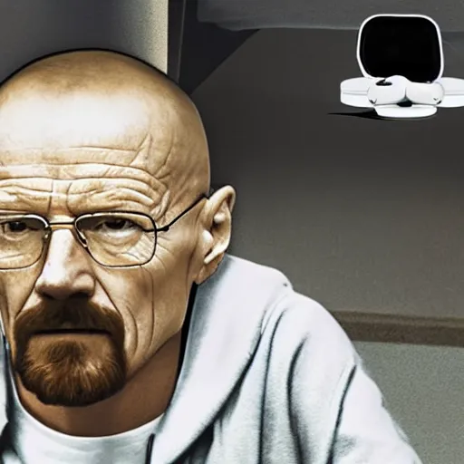 Prompt: Security cam footage of Walter White with airpods in