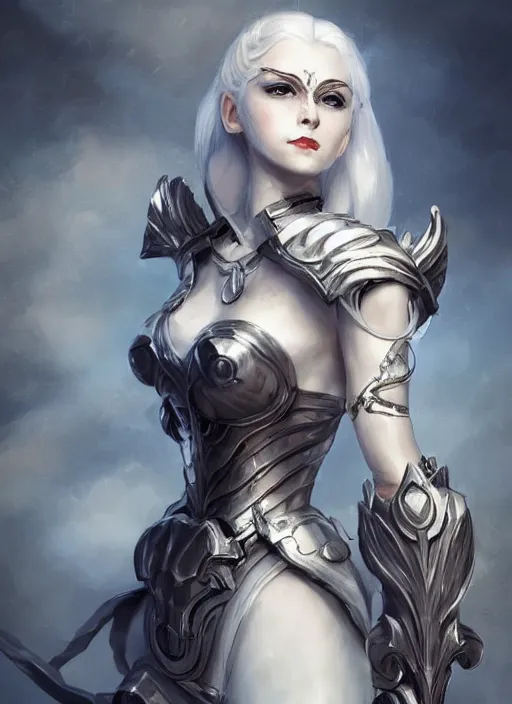 Prompt: a highly detailed illustration of white haired pale lady wearing dieselpunk armor dress with iron wings and blindfold!!!!!!!!!!!!, dramatic floating pose, intricate, elegant, highly detailed, centered, digital painting, artstation, concept art, smooth, sharp focus, league of legends concept art, wlop