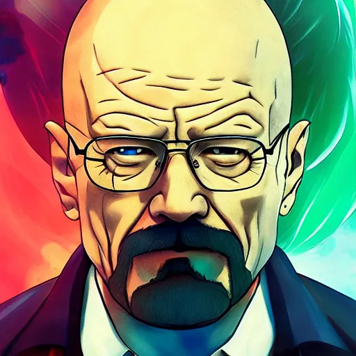 Image similar to portrait of walter white wielding the five elements of magecraft, fire earth water wind void, anime fantasy illustration by tomoyuki yamasaki, kyoto studio, madhouse, ufotable, trending on artstation