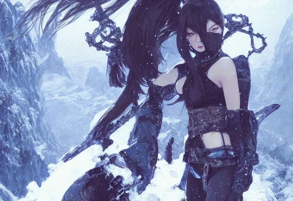 Image similar to portrait ninja gaiden girl, black and blue ninja wardrobe, at snowy fuji mountain sunrise, ssci - fi and fantasy, intricate and very very beautiful, detailed, digital painting, artstation, concept art, smooth and sharp focus, illustration, art by tian zi and wlop and alphonse mucha