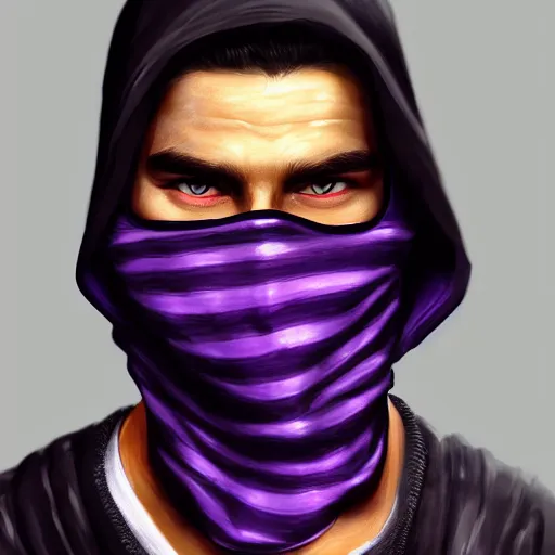 Image similar to ultra realistic illustration, man in a black hood, in a striped purple balaclava, mysterious, highly detailed, digital painting, artstation, concept art, smooth, sharp focus, illustration