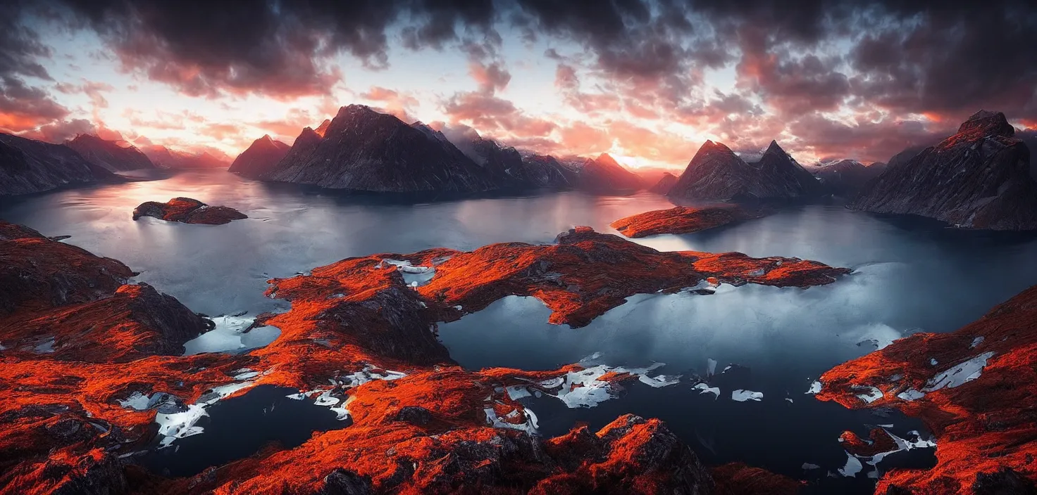 Image similar to amazing landscape photo of fjord in sunset by max rive, beautiful dramatic lighting