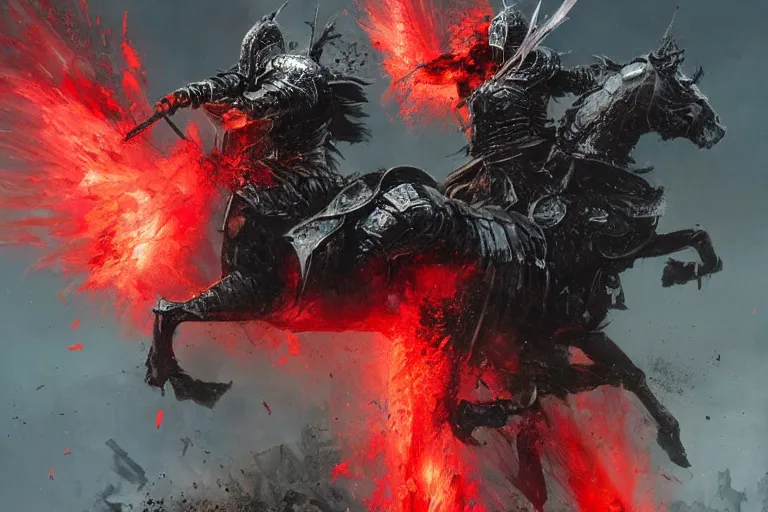 Prompt: a angry knight in full plate of black armor, splattered with blood, riding a large black horse, with red glowing eyes, flowing red mane and tail, blackened clouds cover sky, crackling with lightning, a castle in distance burns, concept art by greg rutkowski, craig mullins, todd mcfarlane,