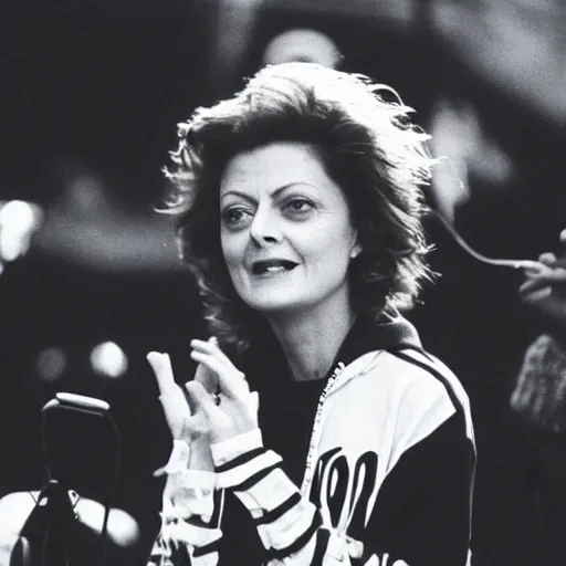 Image similar to 1 9 9 0 s video still of susan sarandon, wearing a hip hop hoodie, rapping on stage at a small outdoor concert, vhs artifacts