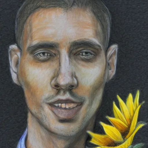 Prompt: long shot portrait, man with a sunflower instead of a head wearing a business suit, color pencil sketch