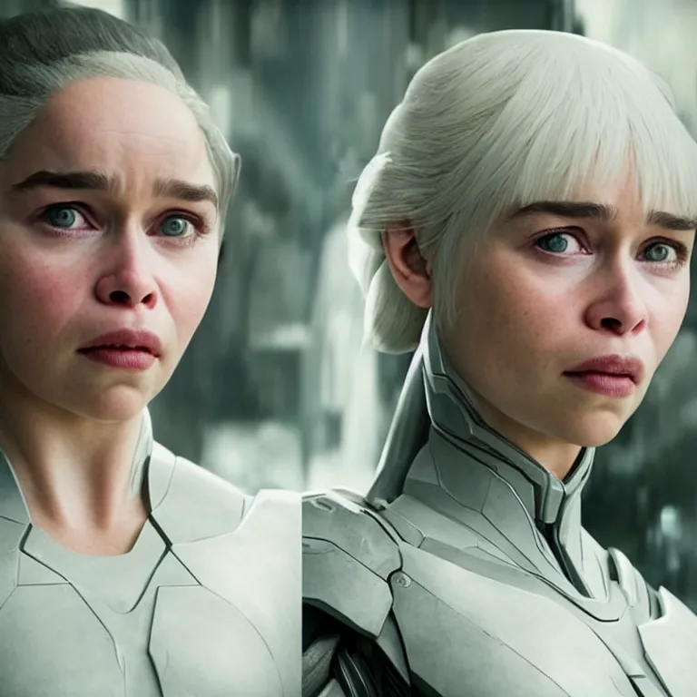 Prompt: scifi emilia clarke looks like ghost in the shell, extremely high detail, high detailed face, smiling woman, cyborg, photorealism, emilia clarke, sony a 7 r
