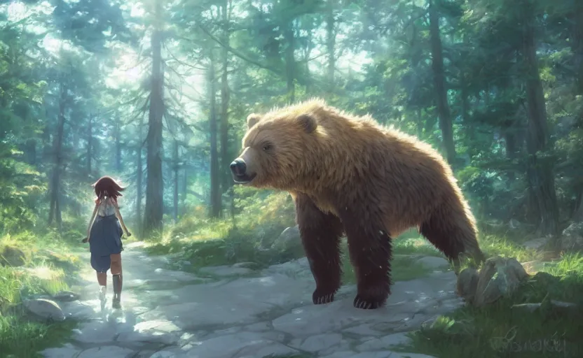 Prompt: anime scene of a girl riding a grizzly bear in the woods, full shot, atmospheric lighting, detailed faces, by makoto shinkai, stanley artgerm lau, wlop, rossdraws