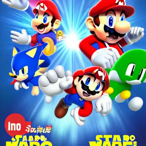 Image similar to super mario, kirby, sonic the hedgehog, super smash bros, star wars themed movie poster high detail accurate eyes and good gesture poses, pokemon anime cartoon style