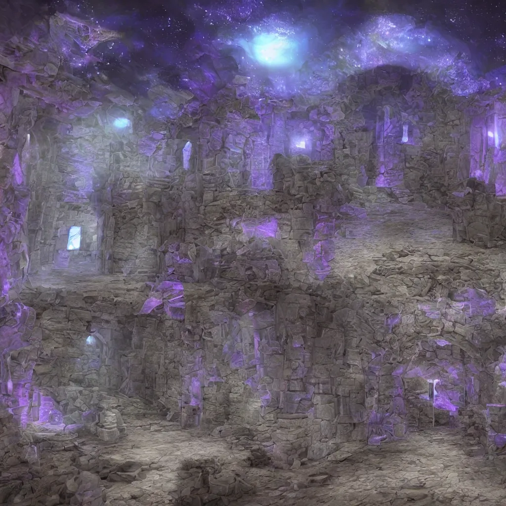 Prompt: the ruins of peach castle lobby, it would take place in space, with nebulas and stars in the background but with like, barely any walls inside, floating around in the space area, it would have a velvet blue aesthetic too, the logo on the carpet would be velvet room logo and there would be a throne in the room as well with a dark gray and blue aesthetic