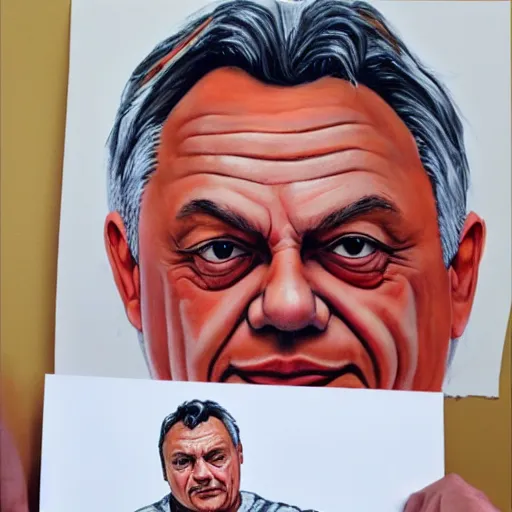 Prompt: old child paints a sausage and viktor orban on white paper, anatomically correct, oil painting, hyper realistic, 8 k highly detailed