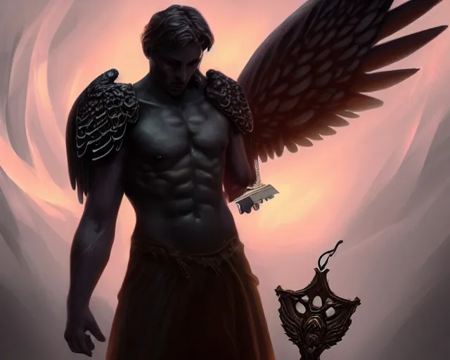 Image similar to dark art blizzard, portrait of fallen man angel with wings with award in his hand, bokeh. dark art masterpiece artstation. 8k, sharp high quality illustration in style of Jose Daniel Cabrera Pena and Leonid Kozienko, concept art by Tooth Wu
