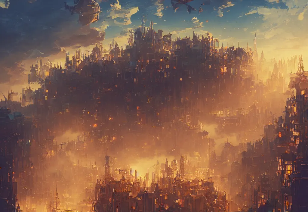 Image similar to flying steampunk city in the clouds by alena aenami, city in the sky, digital art, 4 k, trending on artstation, impressive, epic composition, highly detailed, golden hour, no ground