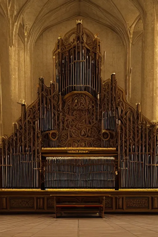 Image similar to a detailed render of an isolated lonely marble pipe organ in a church, with large golden pipes, trending on artstation, render, 3 d, octane, 4 k, 8 k, unreal engine, cinema 4 d