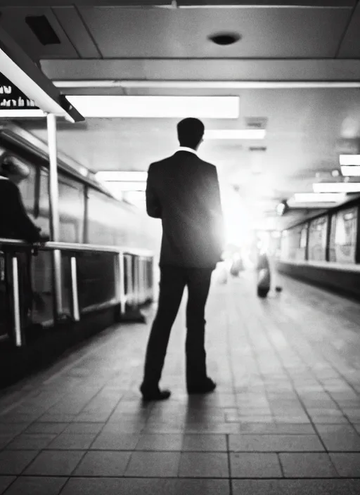 Image similar to a 2 8 mm macro photo from the back of a businessman standing on a subway platform, splash art, movie still, bokeh, canon 5 0 mm, cinematic lighting, dramatic, film, photography, golden hour, depth of field, award - winning, anamorphic lens flare, 8 k, hyper detailed, 3 5 mm film grain