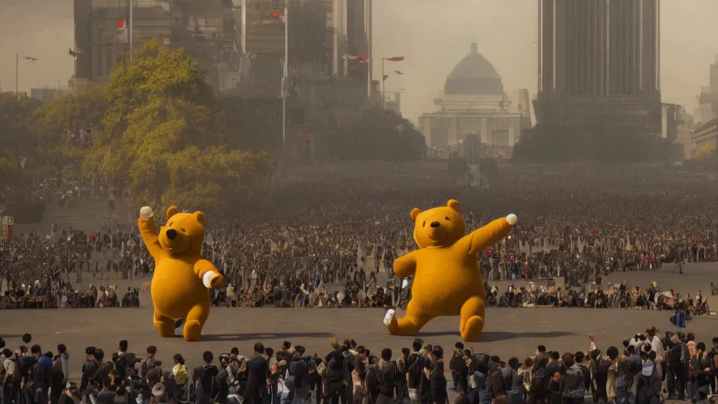Prompt: giant winnie the pooh bear walking in the tiananmen square parade. andreas achenbach, artgerm, mikko lagerstedt, zack snyder, tokujin yoshioka