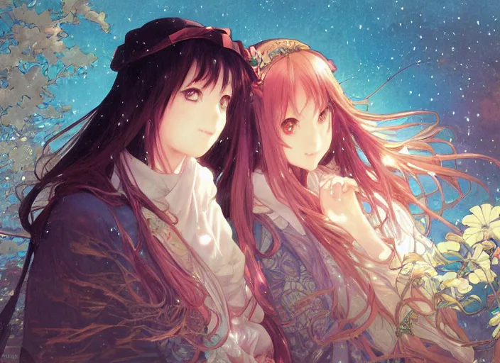 Image similar to two beautiful girls watching fireworks, digital art, painted by range murata, akiyuki shinbou, alphonse mucha, masamune shirow, josan gonzales, greg rutkowski makoto shinkai, highly detailed, realistic, cinematic, trending on pixiv fanbox