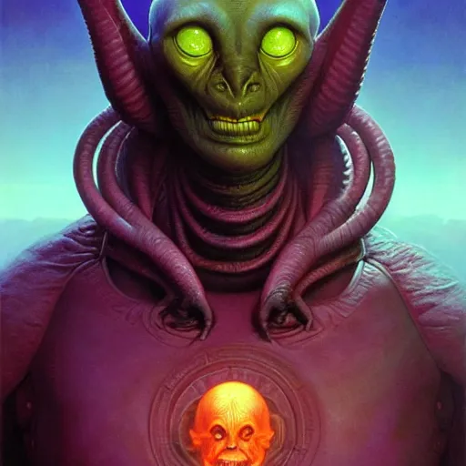 Prompt: a fantasy style portrait painting of an extremely cute alien with a futuristic background and dramatic lighting oil painting unreal 5 daz. rpg portrait, extremely detailed wayne barlowe michael whelan artgerm greg rutkowski greg hildebrandt tim hildebrandt michael whelan h r giger moebius
