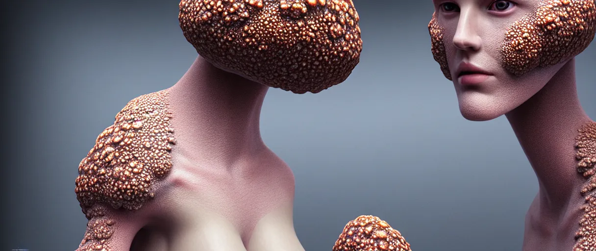 Image similar to hyperrealist highly detailed english medieval portrait of high fashion model wearing fungal fungus fungal growpth mycelia mycel mycelia funal spores spores mycel network armor, lopsided obscure body shape, radiating atomic neon corals, concept art pascal blanche dramatic studio lighting 8k wide angle shallow depth of field