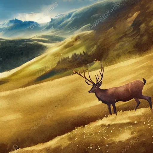 Prompt: Illustration of a stag on a hillock looking over the valley, concept art, ambient light, dynamic lighting