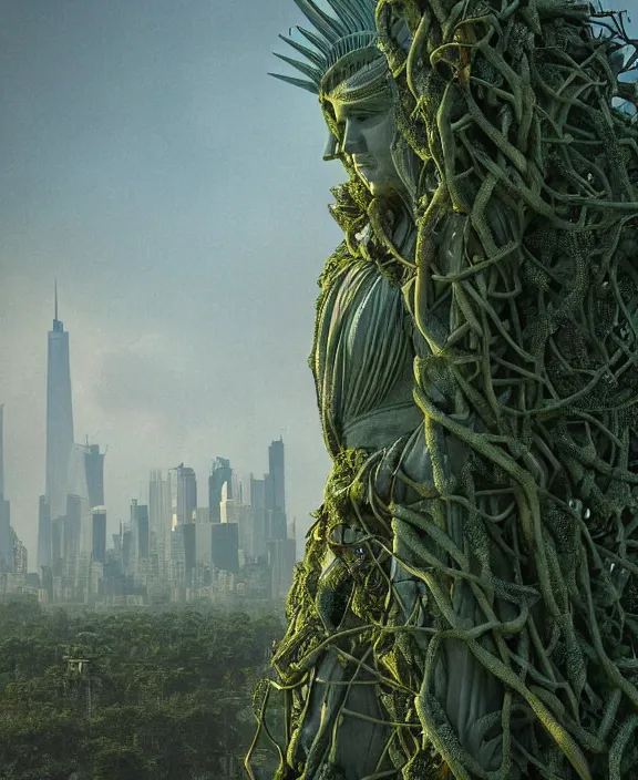 Image similar to highly detailed digital matte painting of a Lady Liberty statue covered in vines with overgrowth Full shot. By Raphael LaCoste and Ruan Jia and Robert McCall, postcyberpunk, geodesic dome, hyperdetailed, sunrise, wide shot, autochrome, octane render