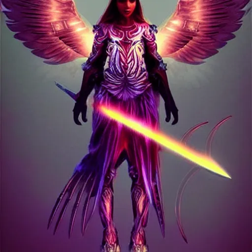 Prompt: « beautiful, divin archangel, with a sword, beautiful wings, glowing lights, detailed »
