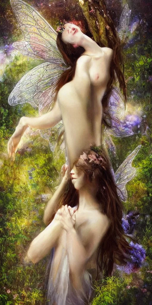 Image similar to epic oil painting of a beautiful fairy with a beautiful face and flawless skin and perfect body wearing a gauze dress, landing on a mushroom in the forest, moss, fog