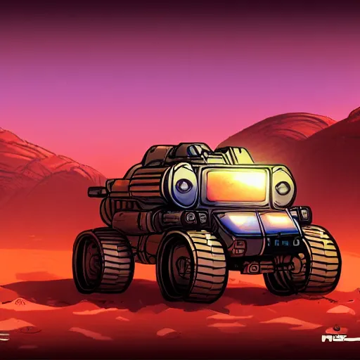 Image similar to rover exploring ancient ruins in mars, retrowave epic art, trending on art station