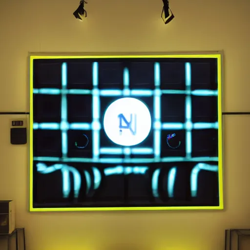 Image similar to A giant computer with Aphex Twin logo, neon black light lit, by Emiliano Ponzi, by Chris Ware, neogeo, criterion collection, concept art, hyper realism, unreal engine