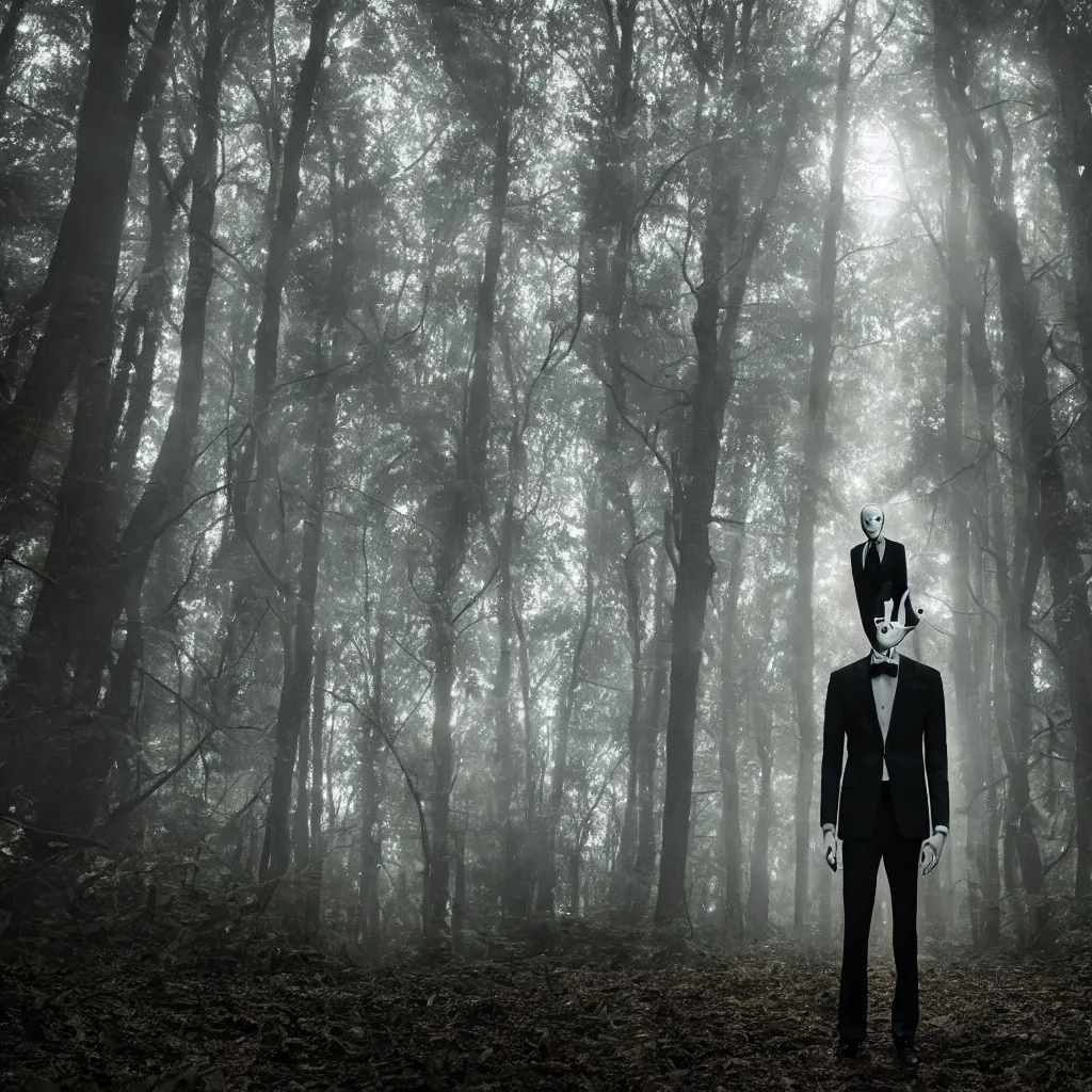 Prompt: cinematic still of slenderman in eerie dark forest, XF IQ4, f/1.4, ISO 200, 1/160s, 8K, RAW, dramatic lighting, symmetrical balance, in-frame