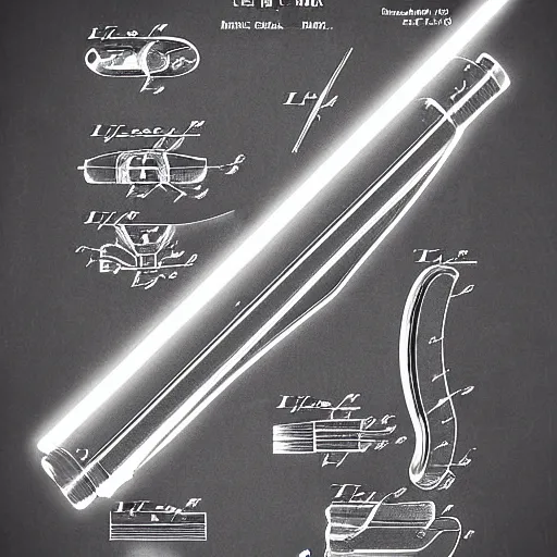 Image similar to patent art of a lightsaber, labeled, sketch, beautiful