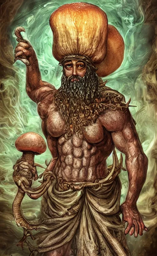 Prompt: a hyperdetailed dnd tarot card design, magnificent shrigma the mushroom deity as depicted in a colossal marble statue ( with godlike bodybuilder physique ) left by ancient greeks, hd tarot card depicting eldritch statue of a mushroom god with cute large mushroom hat, hdr, 8 k, dslr, surreal photo, artstation