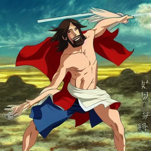 Prompt: Jesus as anime character fighting a giant enemy crab