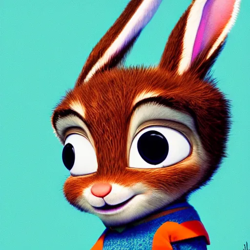 Prompt: portrait of a super cute bunny, a carrot, pixar, zootopia, cgi, blade runner. trending on artstation