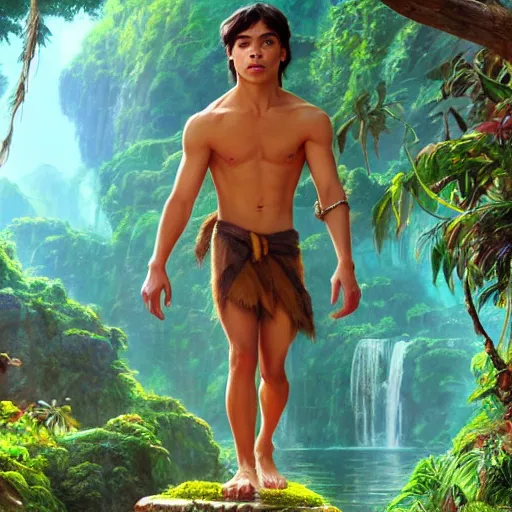 Image similar to skinny young jake t. austin as mowgli from the jungle book, dynamic lighting, path traced, atmospheric, highly detailed, high quality, beautiful painting, octane render, don bluth, ross tran, studio ghibli, alphonse mucha, jama jurabaev, extremely detailed, brush strokes, artstation, artgerm