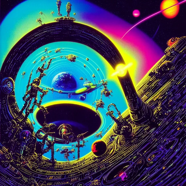 Image similar to astronaut hovering over infinite blackhole, quantum waves, synthwave, bright neon colors, highly detailed, cinematic, tim white, philippe druillet, roger dean, ernst haeckel, lisa frank, michael whelan, kubrick, kimura, isono