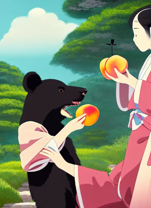 Prompt: painting of a girl wearing a kimono giving a peach to an anthropomorphic asian black bear, featured in artstation, octane render, cinematic, elegant, intricate, 8 k, close up, in the style of studio ghibli and heikala,