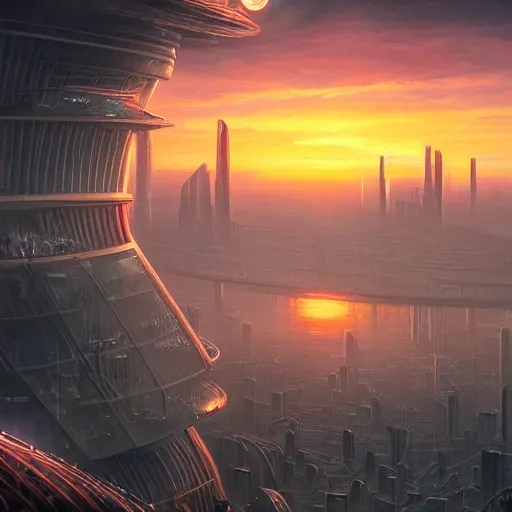 Prompt: bio-futurism, utopian city,differential growth,beautiful sunset,panoramic,michael whelan,photorealistic,detailed