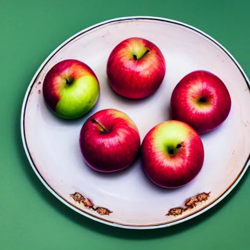 Image similar to a wide angle realistic photo of three apples on a colorful plate, award winning