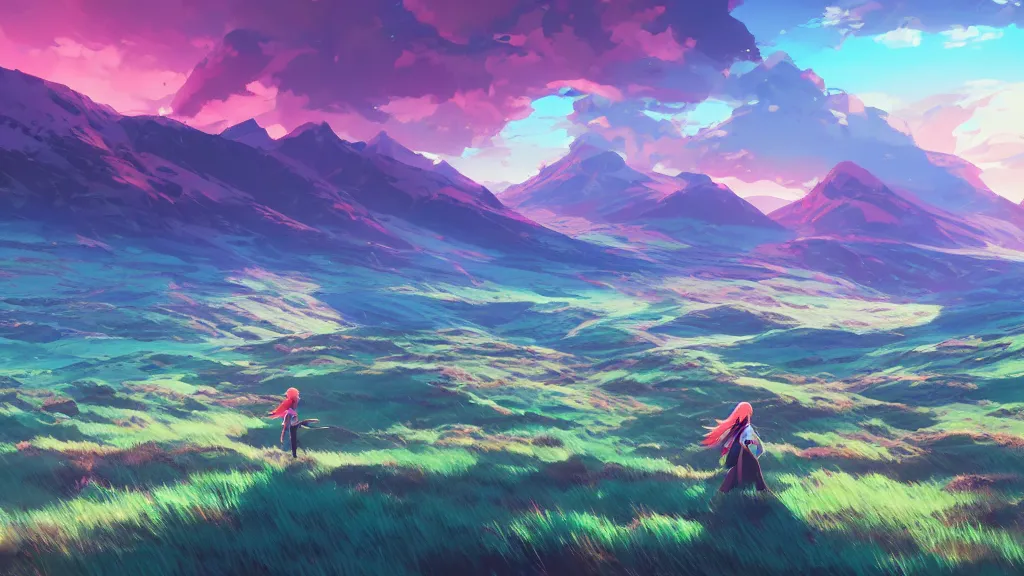 Prompt: landscape of a the scottish highlands, rich vivid colors, ambient lighting, dynamic lighting, 4k, HQ, official media, concept art, anime key visual, makoto shinkai, ilya kuvshinov, lois van baarle, rossdraws, detailed, trending on artstation