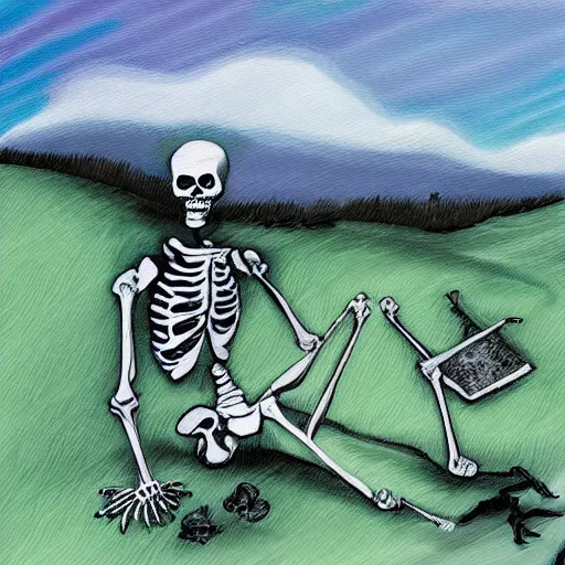 Image similar to alive skeleton painting a landscape with brushes