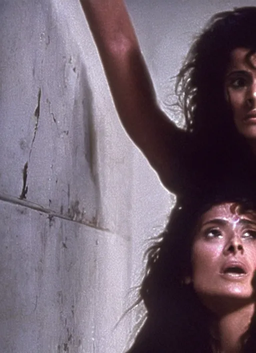 Image similar to film still of Salma Hayek being held against a wall by a predator in the movie Alien.