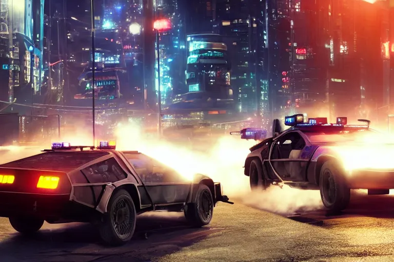 Prompt: photo of the back to the future combat delorean being chased by police on wet cyberpunk city streets at night, rocket league tank, mad max, action, speed, volumetric lighting, hdr, gta 5, makoto shinkai, syd mead, craig mullins, cinematic, fast and furious, octane, 8 k, iso 1 0 0, 1 2 mm